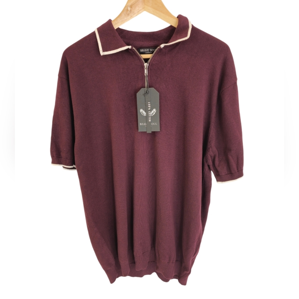 NWT Brave Soul London Men's Polo Shirt Maroon White Trim 100 % Cotton Size XXL